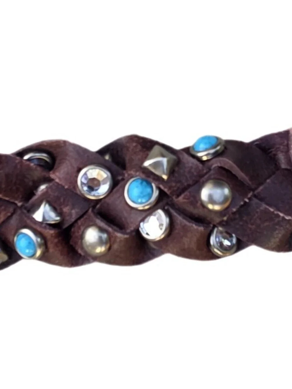 Western Festival Braided Brown Leather Belt  Studded Faux Turquoise Crystal LG